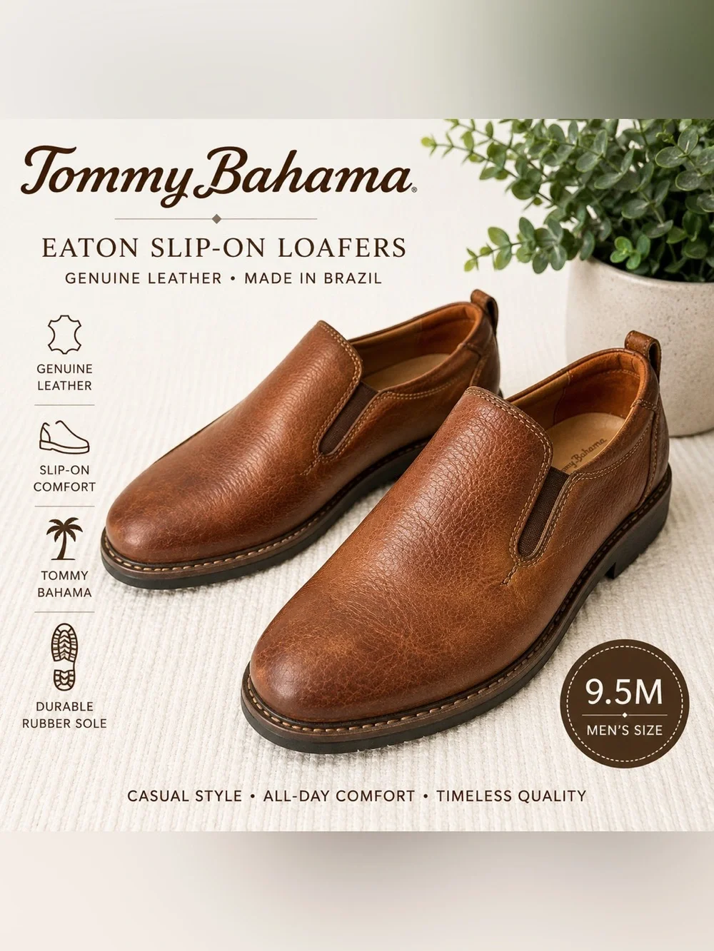 Tommy Bahama Eaton Men’s Brown Leather Slip-On Loafers Shoes Size 9.5M Comfort